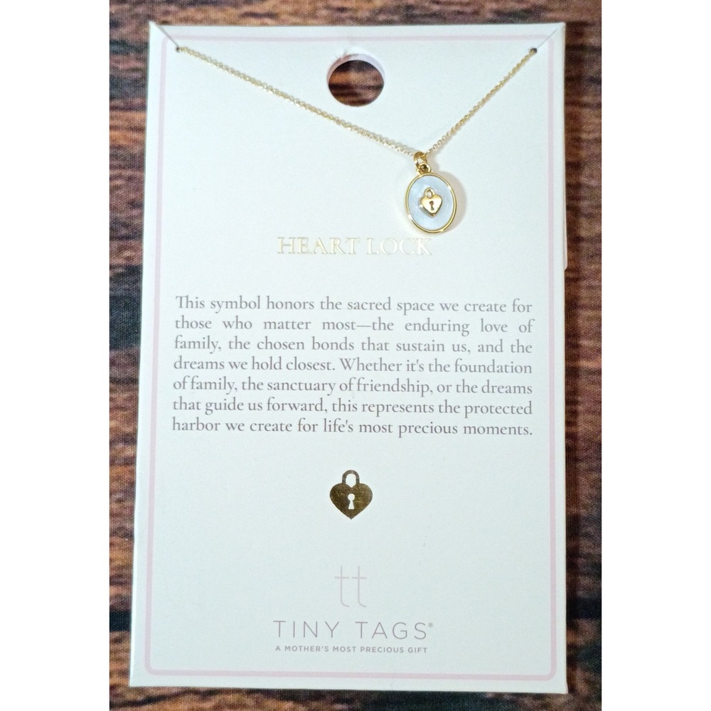 Tiny Tags Heart Lock Pendant Necklace 14k‎ Gold Ion Plated Brass Mother of Pearl